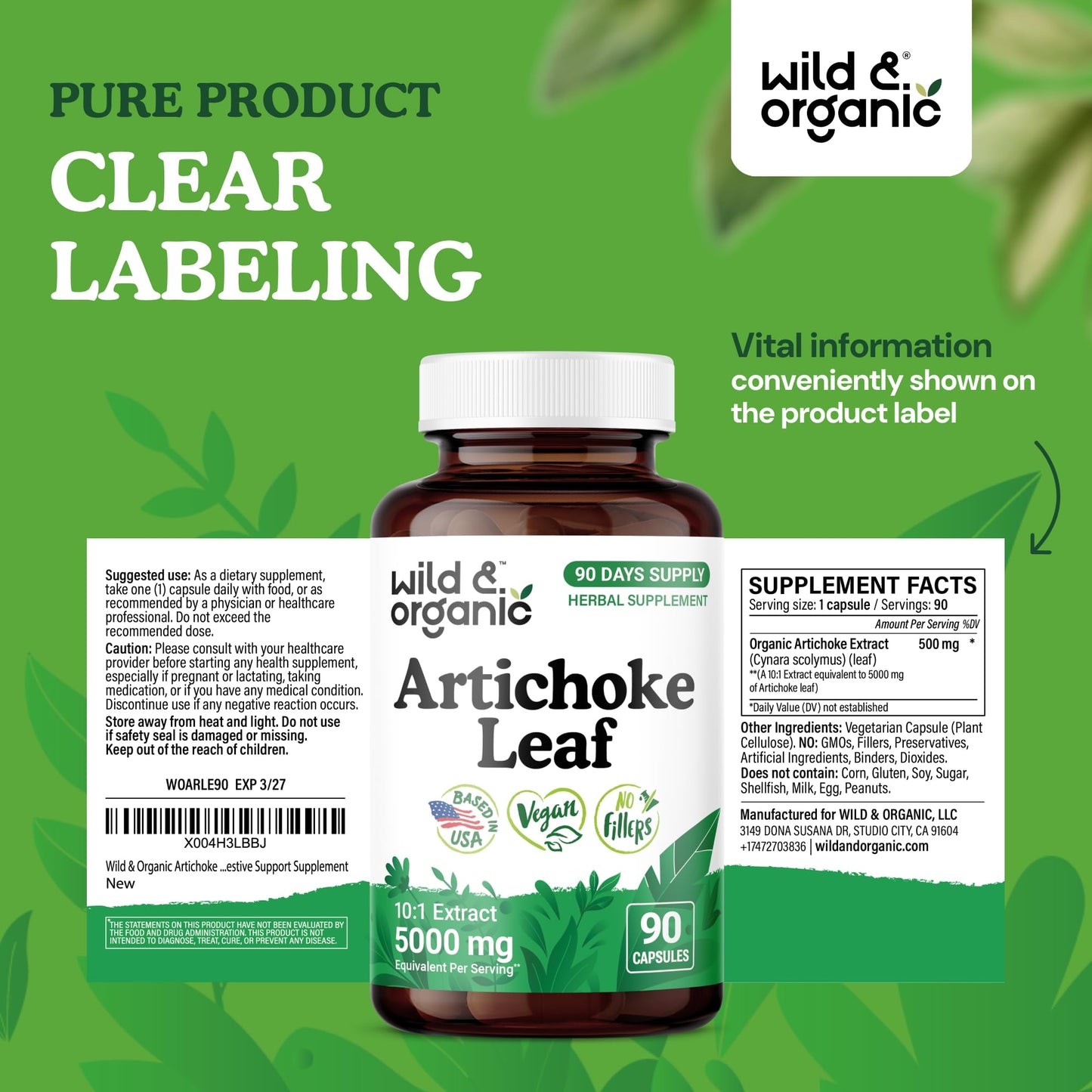 Close up view of ninety vegan capsules bottle of Wild And Organic artichoke health supplement.