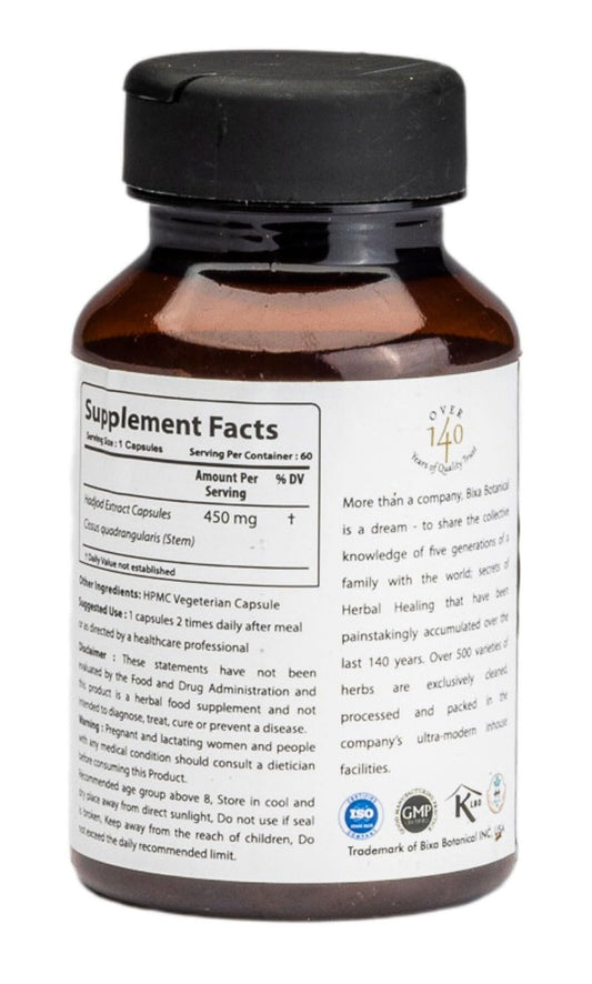 Bixa Botanical Hadjod 450mg vegetarian capsules supplement label detailing 2.5 percent 3-keto steroids.