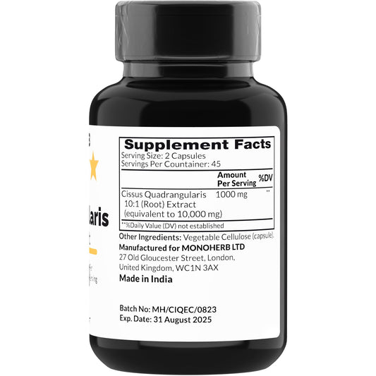 Monoherb Hadjod extract 1000 mg vegetarian capsules supplement facts and label information.