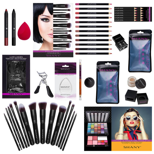 SHANY holiday makeup set unboxed showcasing a multi colored compact eyeshadow palette and professional brushes.