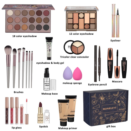 MONRUEVT complete cosmetics set with premium brushes and concealer on display