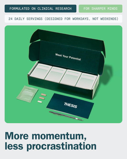 Thesis Motivation formula capsules layout displaying premium USA imported brain health ingredients