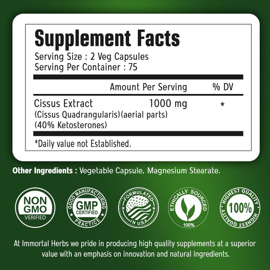 Immortal Herbs Cissus capsules ingredient label showing forty percent ketosterones
