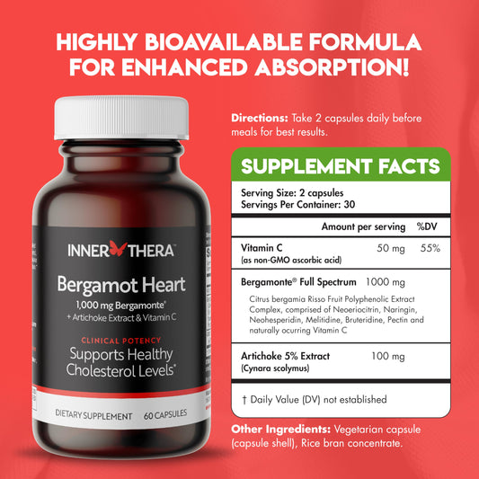 InnerThera Bergamot Heart supplement bottle showing directions for use and nutrition facts panel