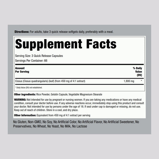 Piping Rock Ultra Concentrated Cissus 1800 mg bottle showcasing supplement facts