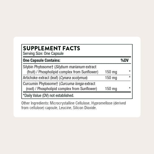 Thorne S.A.T. supplement facts label outlining silymarin artichoke and turmeric dosages