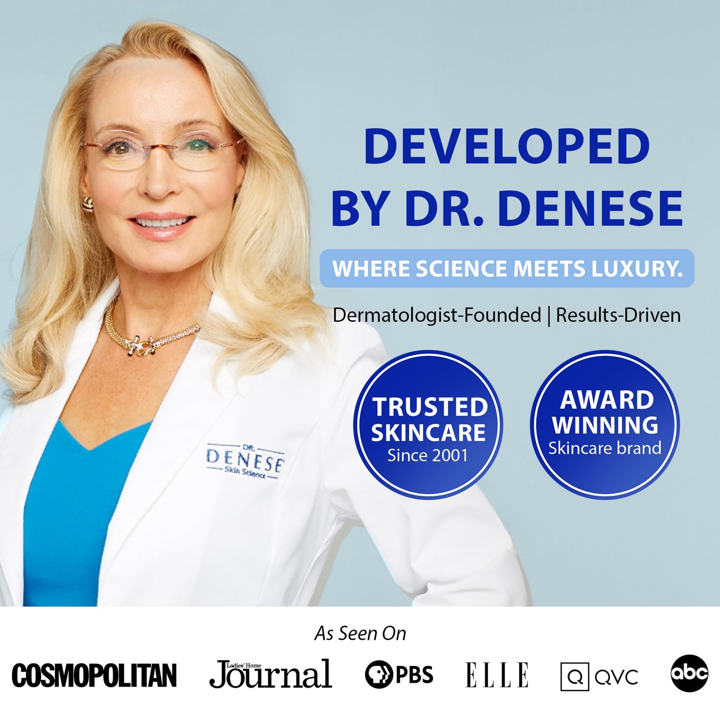 Dr. Denese SPF 40 universal shade product box standing next to the skincare tube.