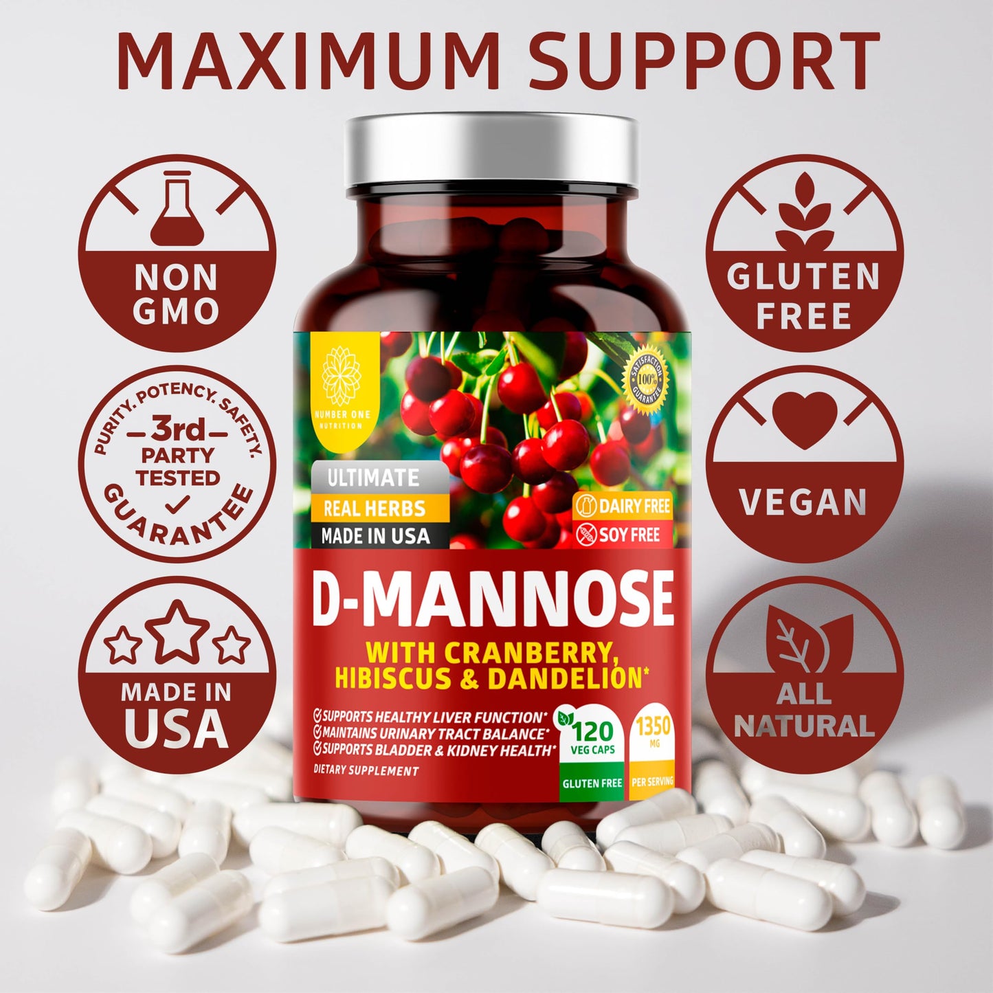 Number One Nutrition Premium D-Mannose 120 Count Package Bottom View