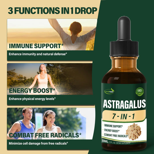 Verdeherb Astragalus 7-in-1 liquid supplement bottle illustrating the premium vegan and alcohol-free formula details.