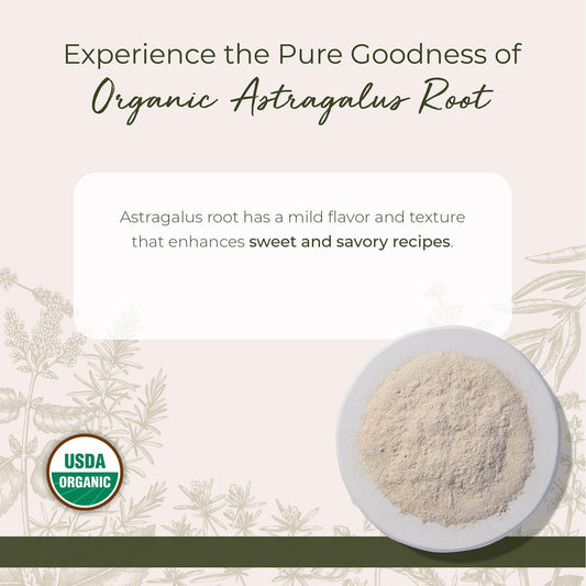 Finely ground herbal powder texture of organic astragalus root from Starwest Botanicals.