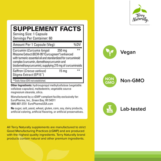 Terry Naturally Saffron Lift plus Curcumin bottle showing supplement facts