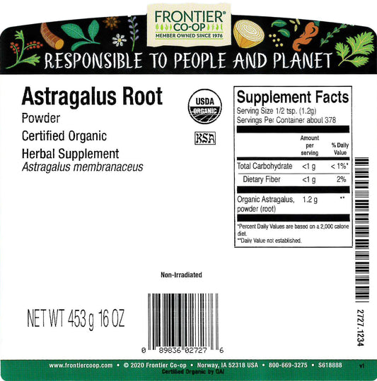 Frontier Co-op Astragalus Root Powder organic kosher certified supplement bag back label details