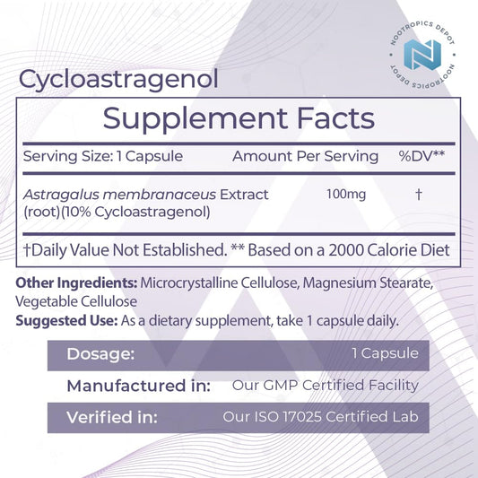 Side angle of Nootropics Depot Cycloastragenol showing serving sizes, nutritional facts, and standardization details clearly.