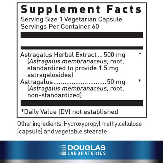 Douglas Laboratories Astragalus Max-V supplement facts panel showcasing 500 mg standardized extract