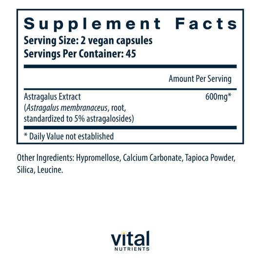 Side view of Vital Nutrients Astragalus 300 mg supplement facts panel displaying ingredients and standardized extract percentages