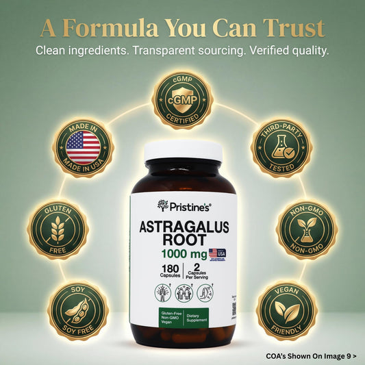 Pristine's Astragalus Root 1000mg supplement supplement facts panel detailing ingredients