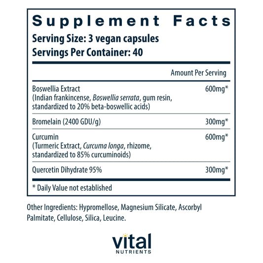 Close up of Vital Nutrients BCQ label showing supplement facts