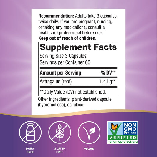 Nature's Way Astragalus Root supplement bottle showing supplement facts and ingredient list.