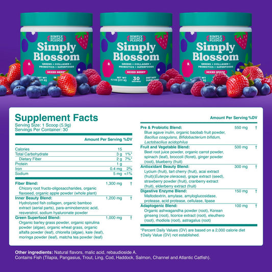 Simply Blossom superfood powder nutrition label and ingredients listing