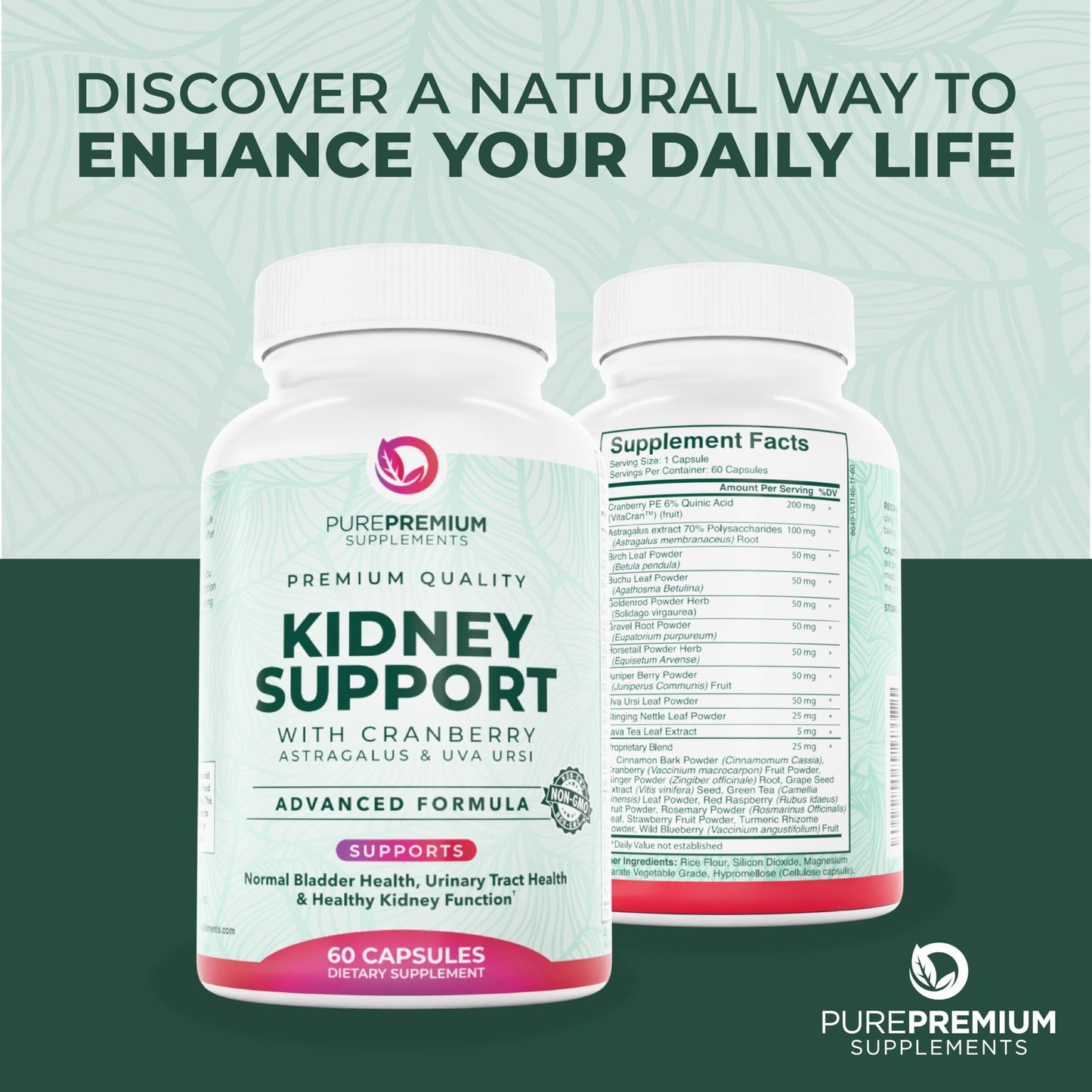 PurePremium urinary tract support capsules dietary supplement bottle side view