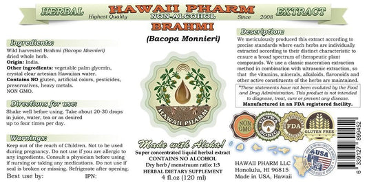 Hawaii Pharm Bacopa Monnieri liquid herbal dietary supplement ingredient label on a brown bottle