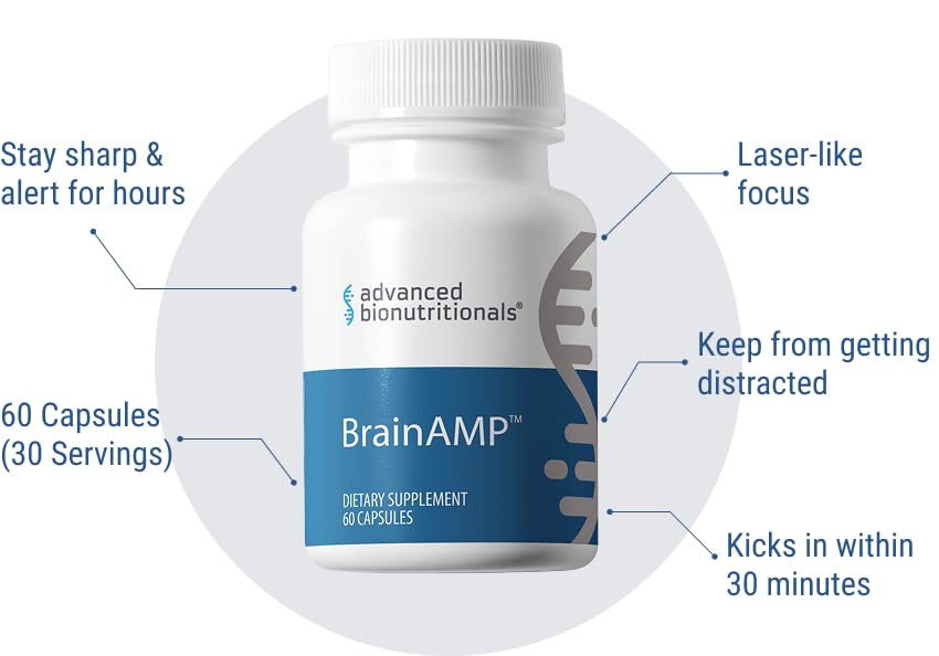 Advanced Bionutritionals BrainAMP 60 capsules dietary supplement for jitter free brain power memory enhancer support.