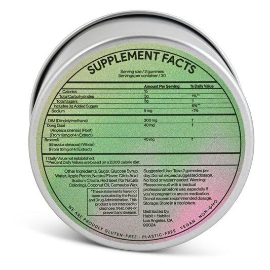 Habit + Habitat DIM Complex dietary supplement showing the nutritional facts and clean vegan ingredients.
