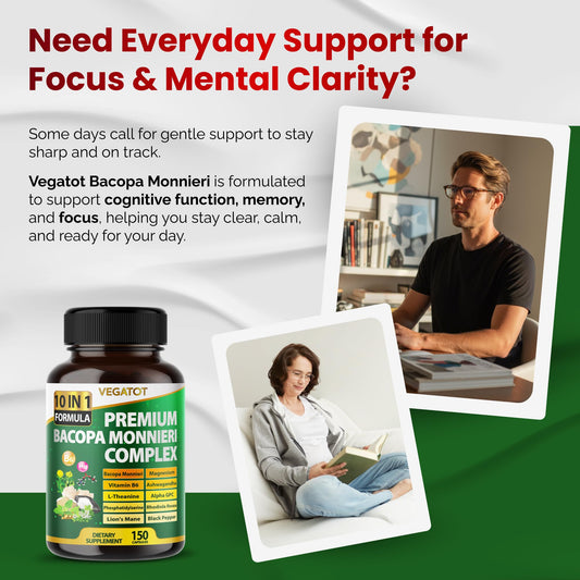 VEGATOT Bacopa Monnieri brain supplement side label displaying ingredients like Lion's Mane, Alpha GPC, and Ashwagandha.