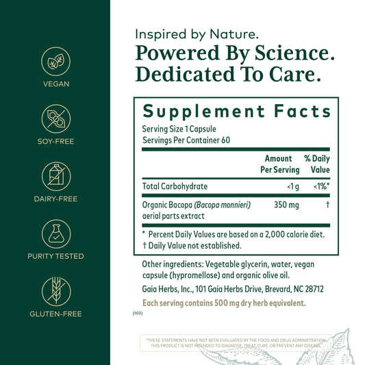 Gaia Herbs PRO Bacopa liquid phyto-capsules organic supplement facts label and ingredient details