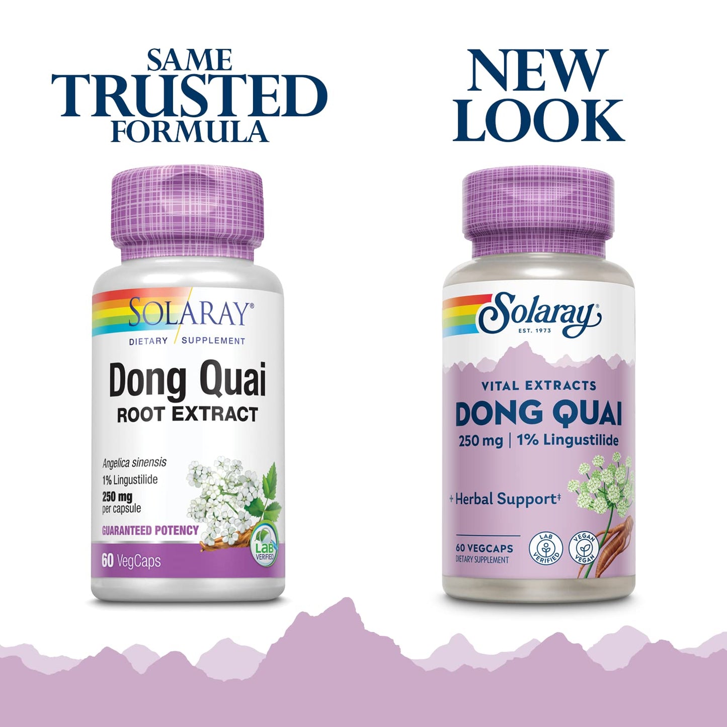 Supplement facts and clean vegan ingredients label on the back of Solaray Dong Quai Root 250 milligrams bottle