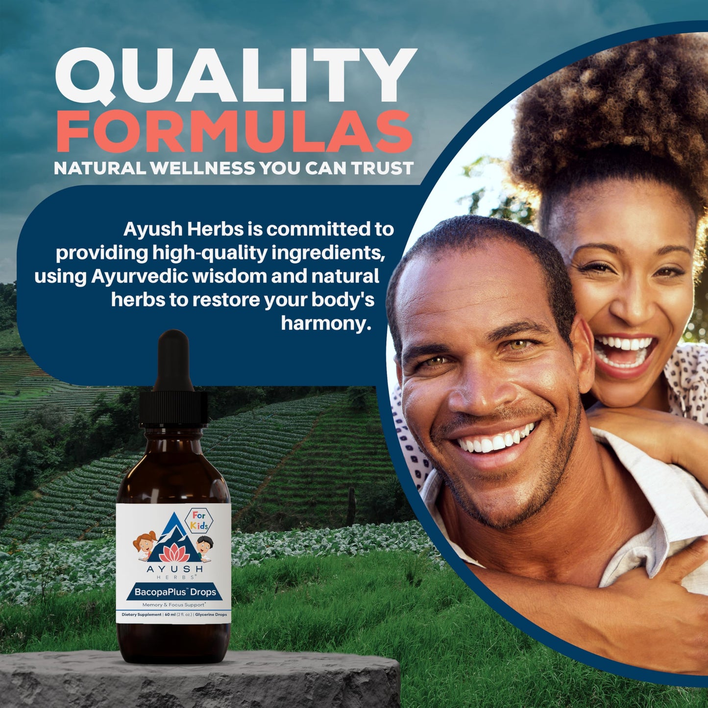 Ayush Herbs non-sedating focus drops for kids displayed clearly against a clean lifestyle backdrop.