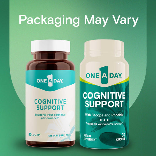 One A Day brain supplement capsule bottle displaying Bacopa Monnieri ingredient facts