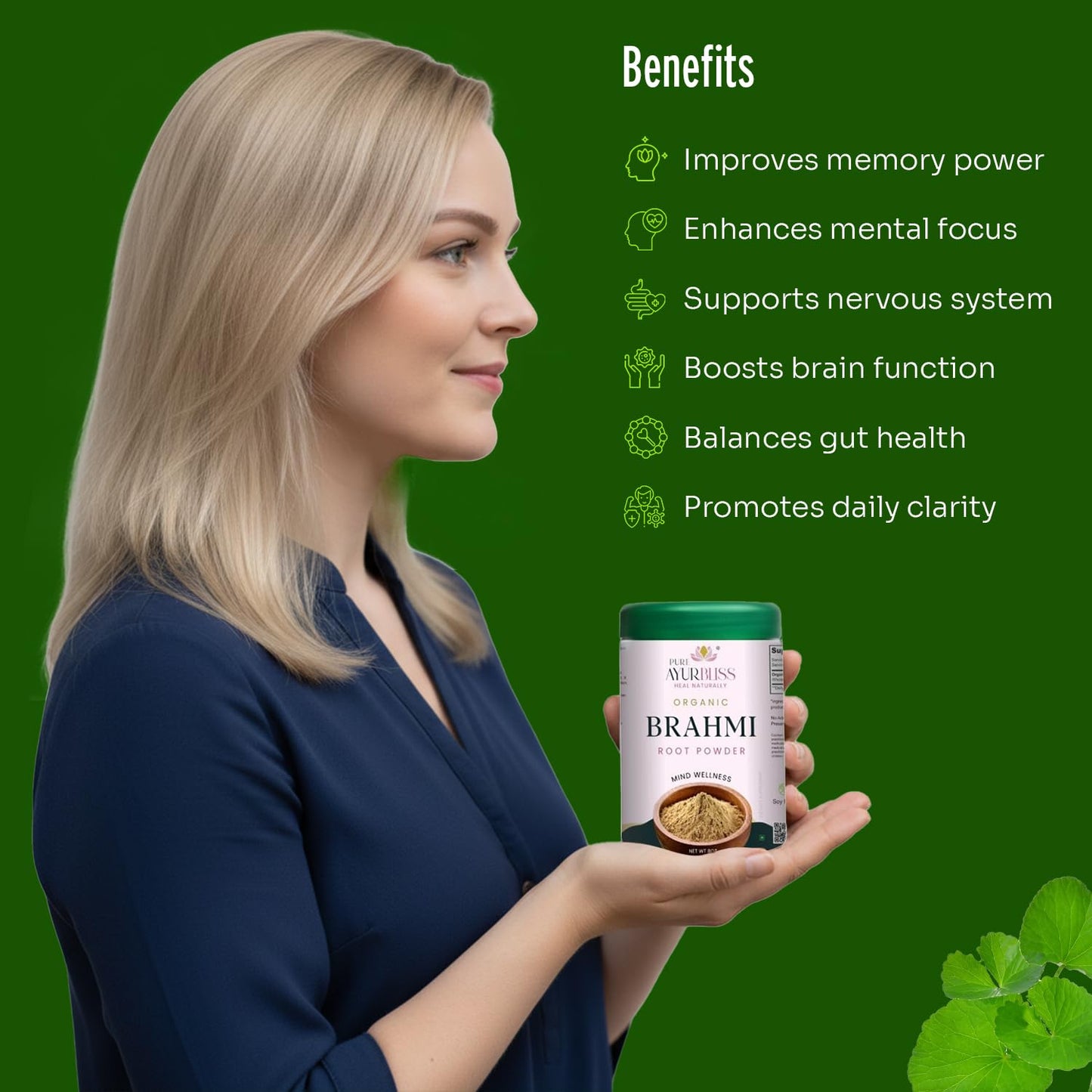 PureAyurbliss Organic Brahmi 227 grams tub top angle shot