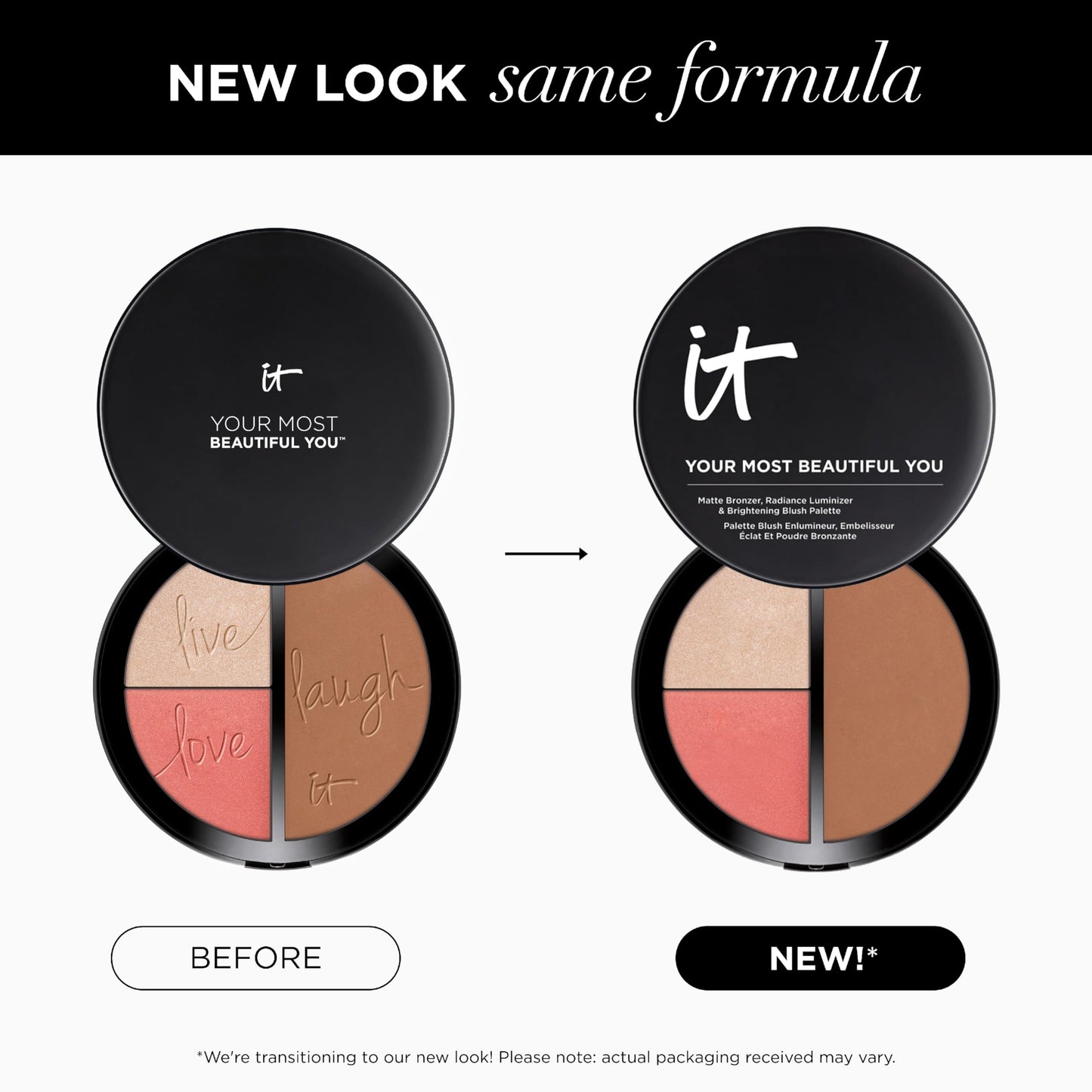 Close-up of the IT Cosmetics matte bronzer, radiance highlighter, and brightening pink blush compact for face sculpting.