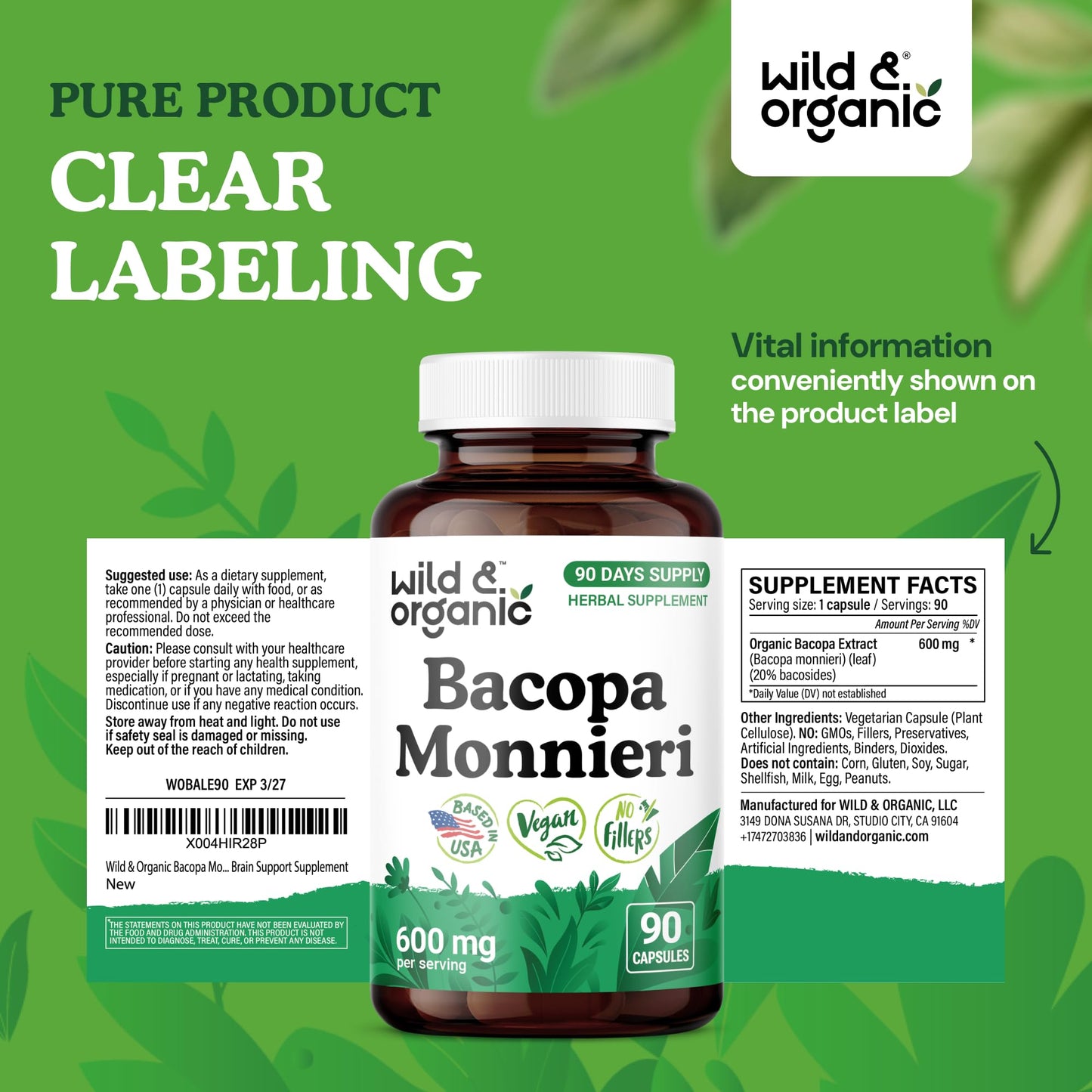 Close up view of Wild and Organic cognitive support daily vegetarian capsules.