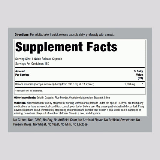 Piping Rock Brahmi supplement facts panel and nutritional ingredients list