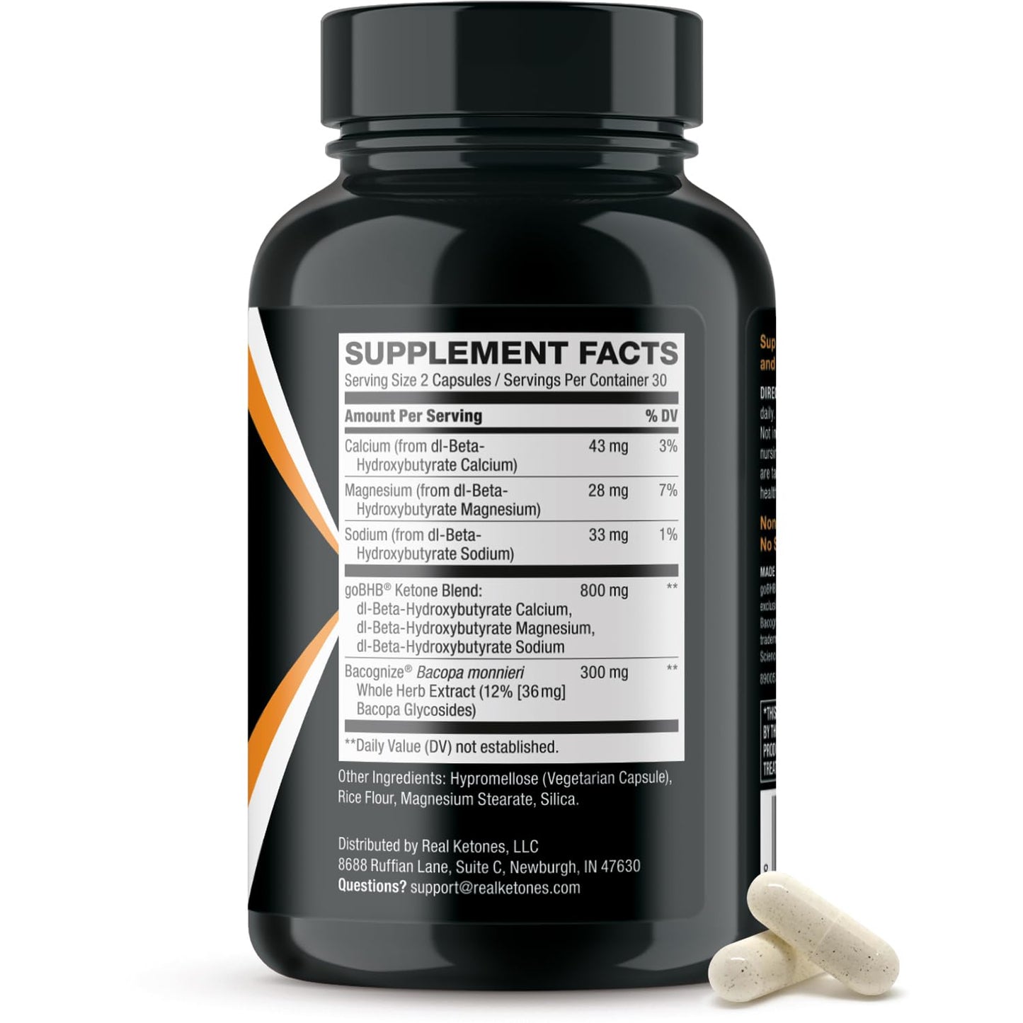 Real Ketones cognitive enhancement dietary supplement highlighting non GMO and gluten free features.