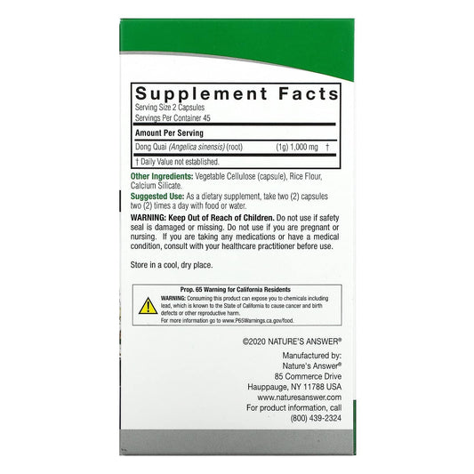Nature's Answer Dong Quai Root imported USA health supplement packaging showing ingredients and cold extraction label