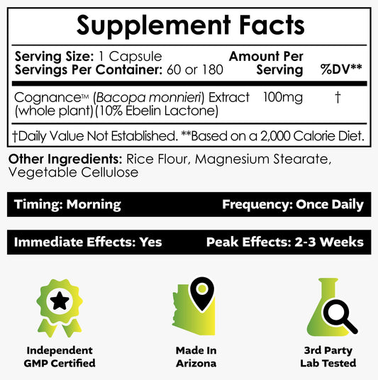 Nootropics Depot Cognance Enhanced Bacopa 60 capsules packaging displaying the ten percent Ebelin Lactone standardization