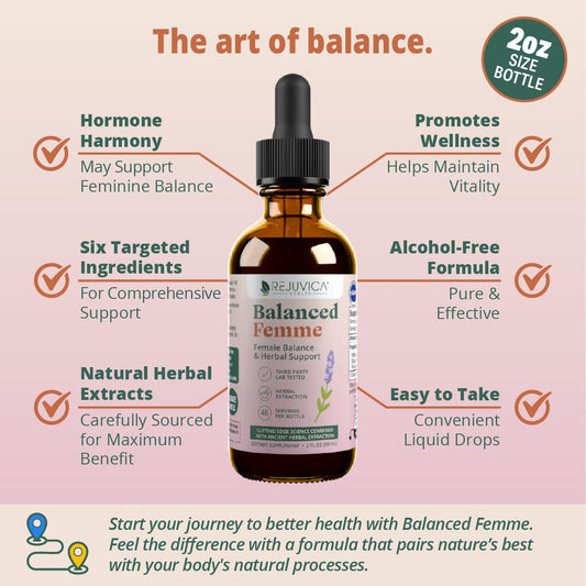 Rejuvica Balanced Femme two fluid ounce container showing proprietary blend of Vitex and Dong Quai ingredients.