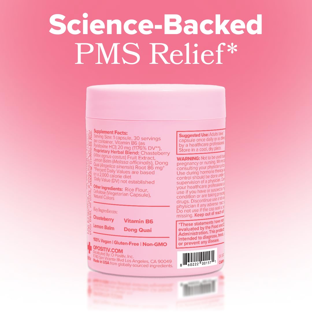 Close up of O Positiv FLO PMS relief vitamins bottle showing 30 dietary capsules
