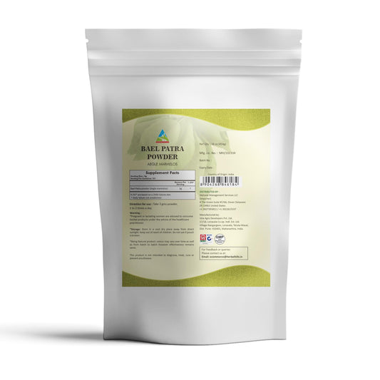 Back view of the Bilva leaf supplement showing ingredients, directions for use, and Ayurvedic certification.