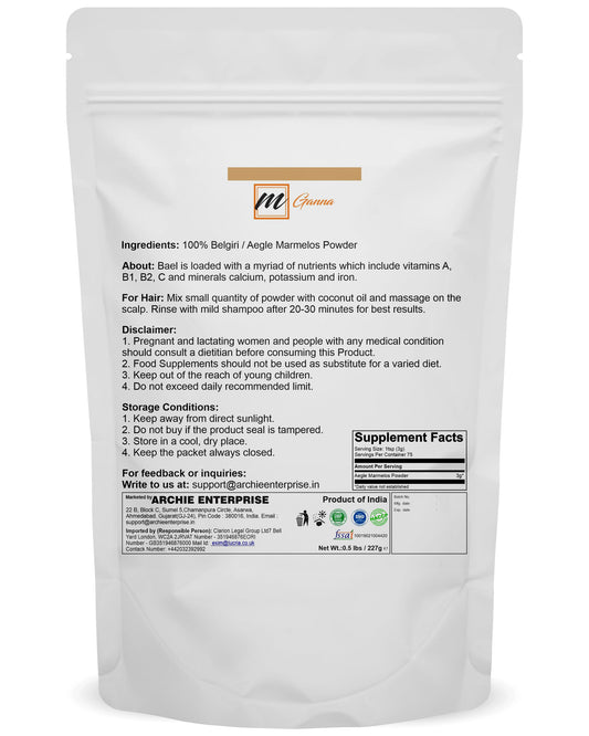 mGanna 100 percent natural Aegle Marmelos supplement bag nutrition facts