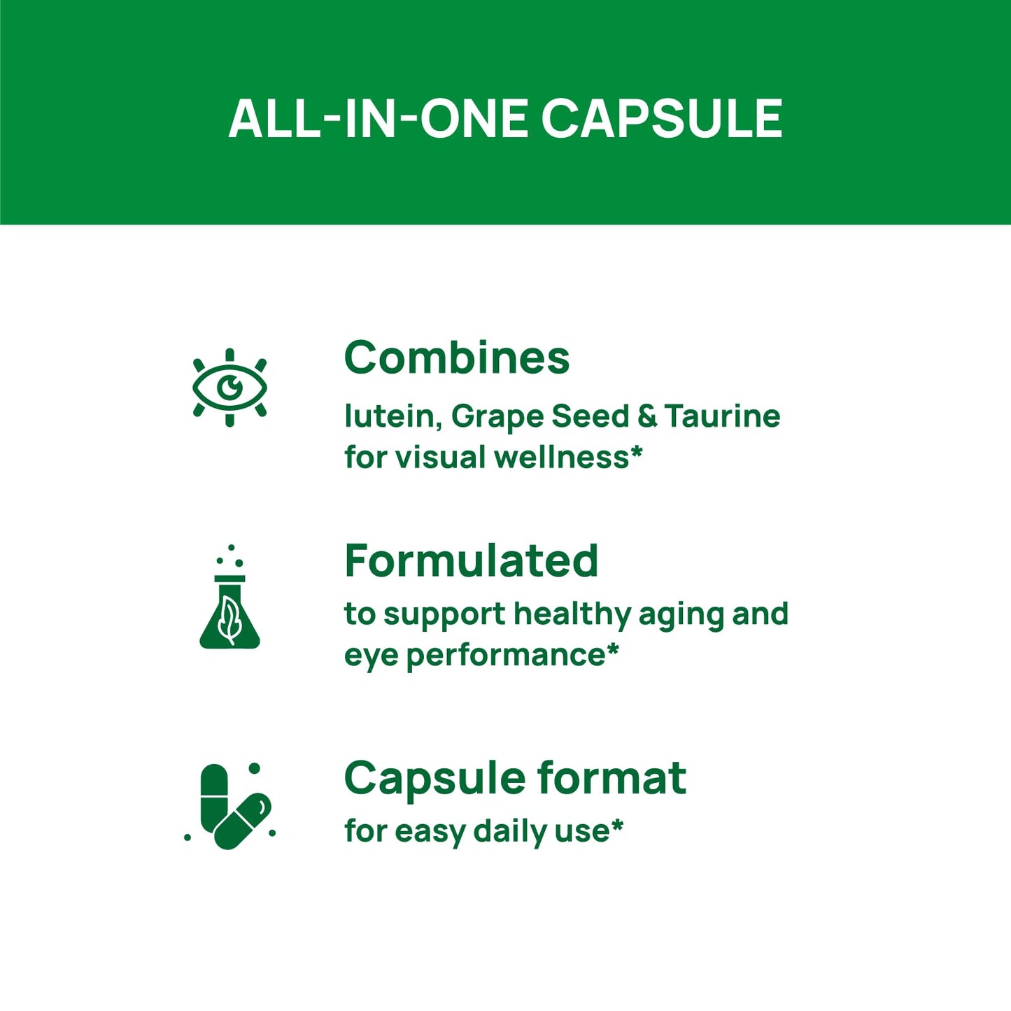 VHC imported eye vitamins with zinc and antioxidants label close up view.