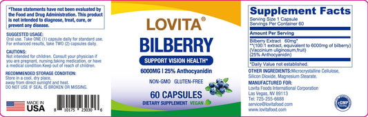 Lovita Bilberry Extract sixty vegan capsules packaging showcasing ninety-five percent anthocyanins standard certification