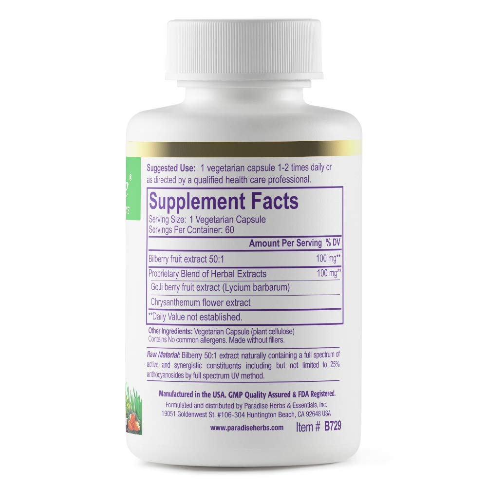 Paradise Herbs Bilberry plus Goji and Chrysanthemum sixty vegetarian capsules label details