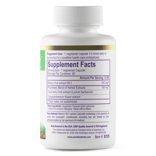 Paradise Herbs Bilberry plus Goji and Chrysanthemum sixty vegetarian capsules label details