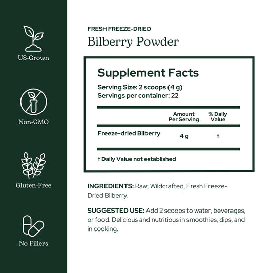 Eclectic Herb freeze dried bilberry powder nutritional label and facts