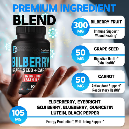 Authentic Dedicad bilberry vision supplement packaging showcasing the ten in one herbal ingredients formula.