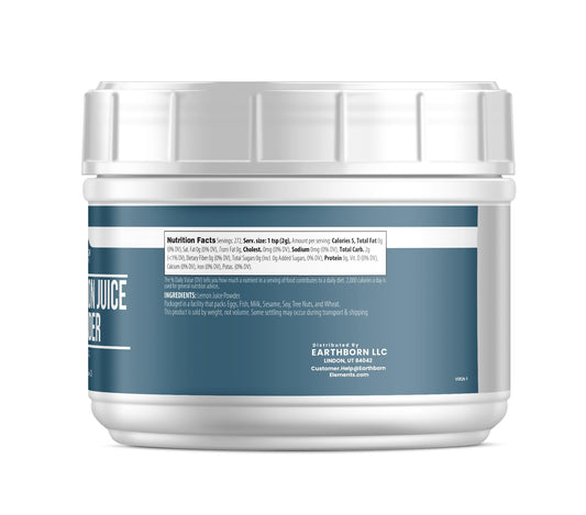 Resealable tub of Earthborn Elements Bilberry Extract Powder showcasing packaging texture and pure natural supplement details.